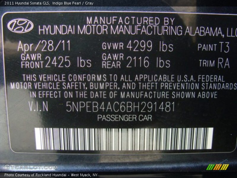 Indigo Blue Pearl / Gray 2011 Hyundai Sonata GLS