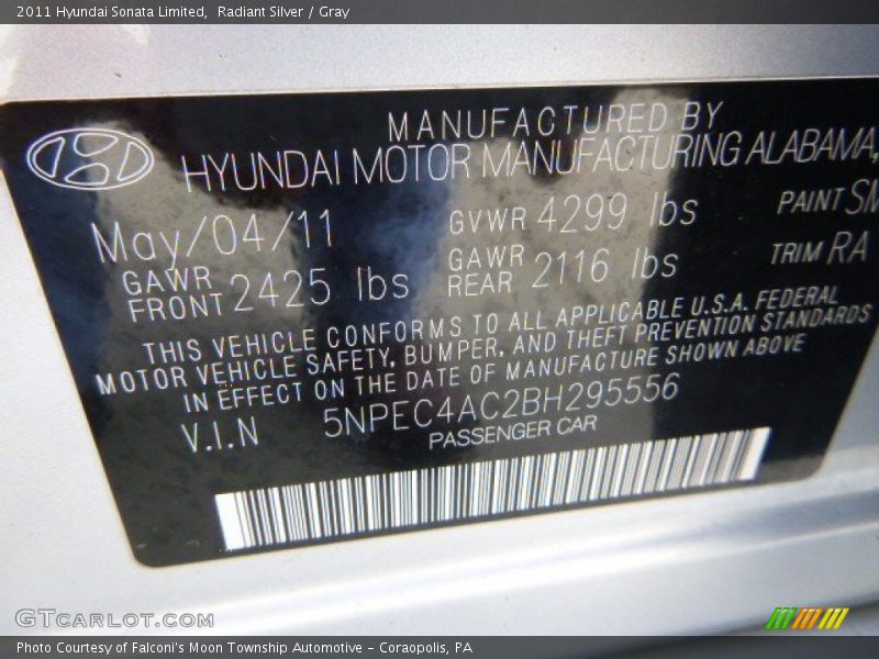Radiant Silver / Gray 2011 Hyundai Sonata Limited