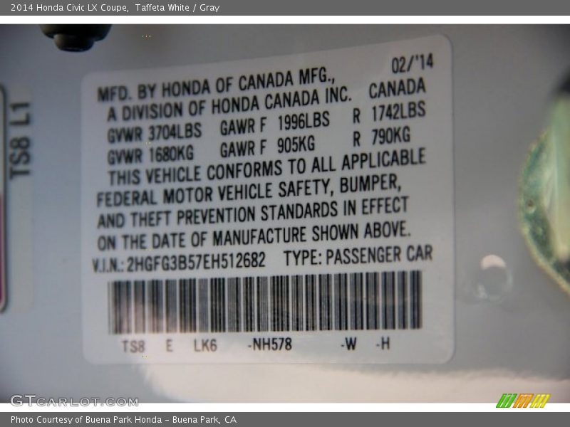 Taffeta White / Gray 2014 Honda Civic LX Coupe