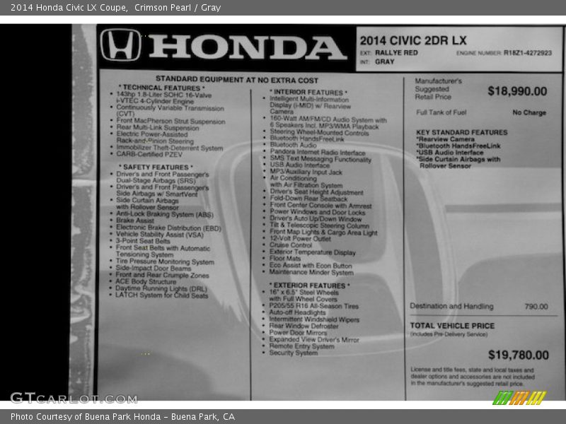 Crimson Pearl / Gray 2014 Honda Civic LX Coupe