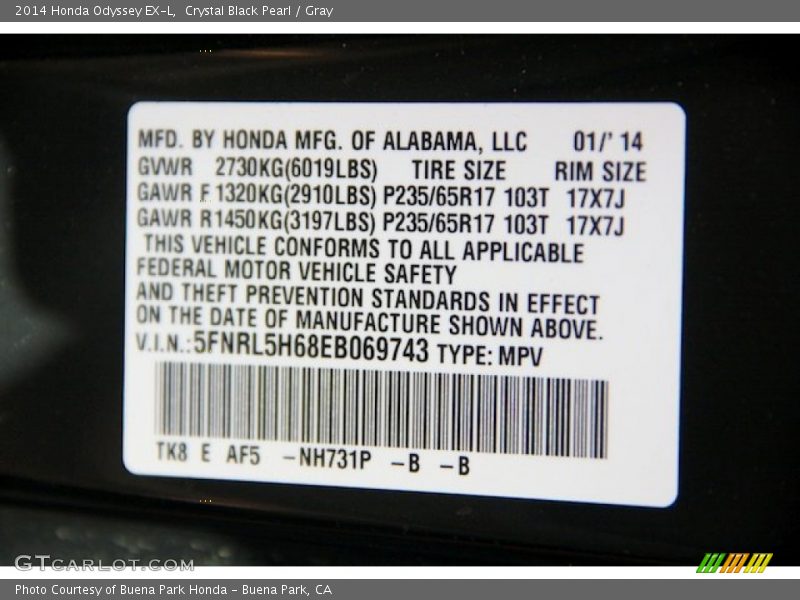 Crystal Black Pearl / Gray 2014 Honda Odyssey EX-L