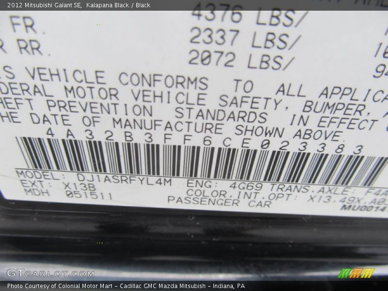 Kalapana Black / Black 2012 Mitsubishi Galant SE