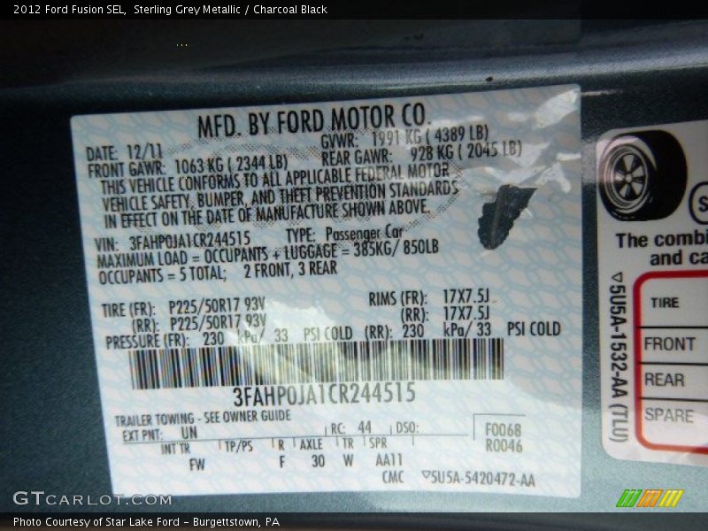 Sterling Grey Metallic / Charcoal Black 2012 Ford Fusion SEL