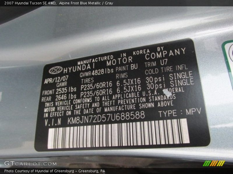 Alpine Frost Blue Metallic / Gray 2007 Hyundai Tucson SE 4WD