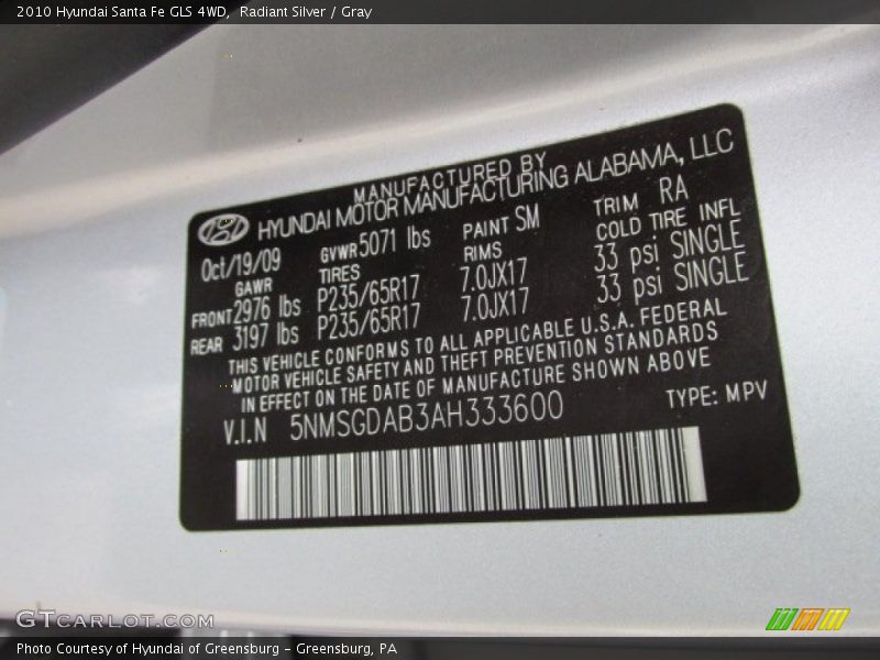 Radiant Silver / Gray 2010 Hyundai Santa Fe GLS 4WD