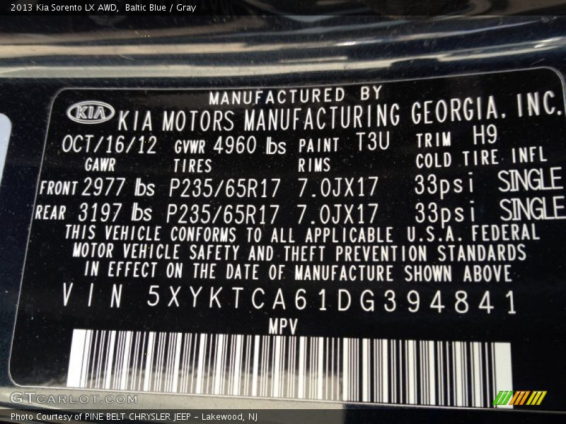 Baltic Blue / Gray 2013 Kia Sorento LX AWD