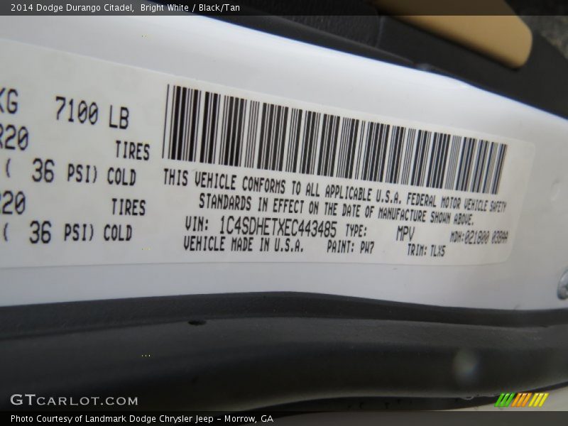 Bright White / Black/Tan 2014 Dodge Durango Citadel