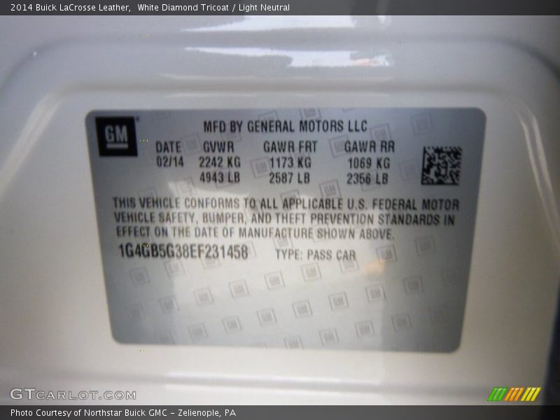 White Diamond Tricoat / Light Neutral 2014 Buick LaCrosse Leather
