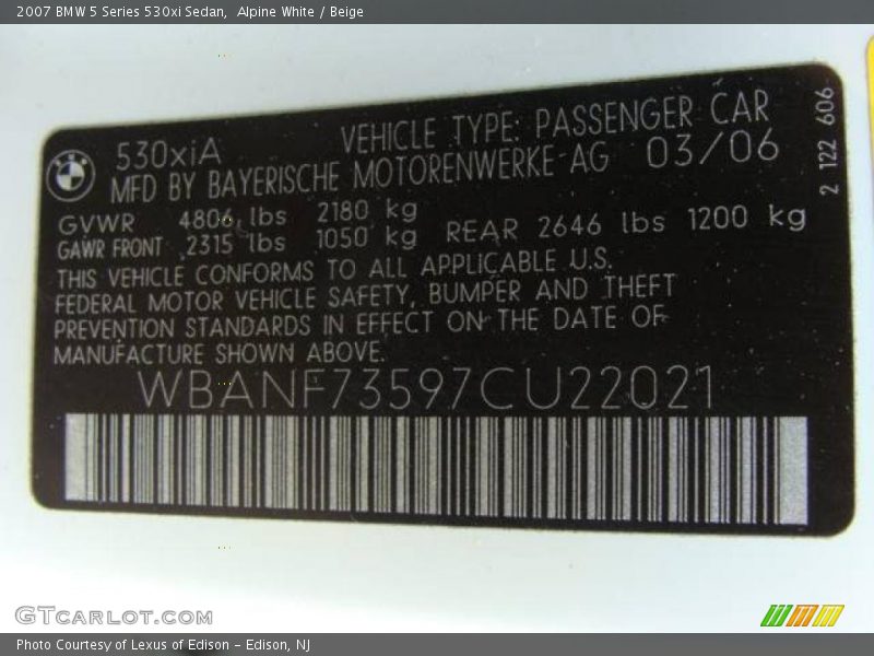 Alpine White / Beige 2007 BMW 5 Series 530xi Sedan