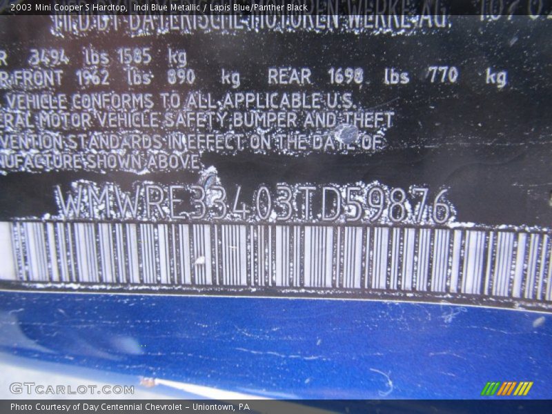 Indi Blue Metallic / Lapis Blue/Panther Black 2003 Mini Cooper S Hardtop