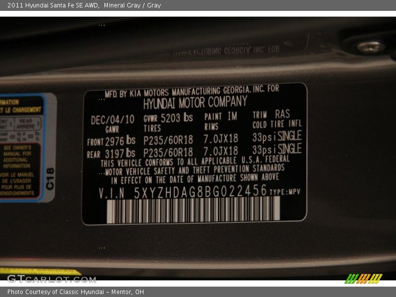 Mineral Gray / Gray 2011 Hyundai Santa Fe SE AWD