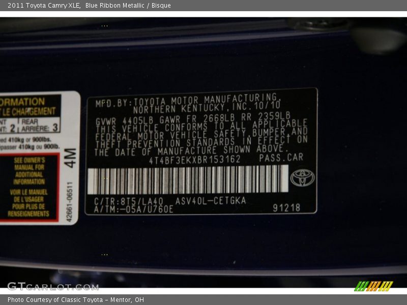 Blue Ribbon Metallic / Bisque 2011 Toyota Camry XLE