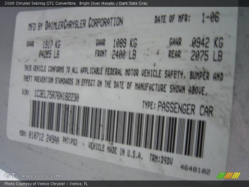 Bright Silver Metallic / Dark Slate Gray 2006 Chrysler Sebring GTC Convertible