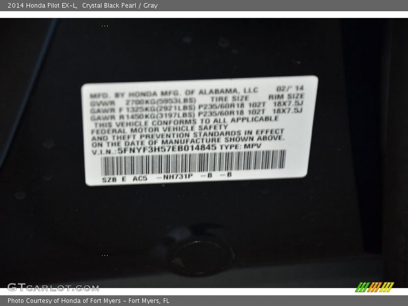Crystal Black Pearl / Gray 2014 Honda Pilot EX-L