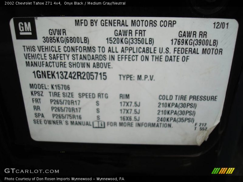 Onyx Black / Medium Gray/Neutral 2002 Chevrolet Tahoe Z71 4x4
