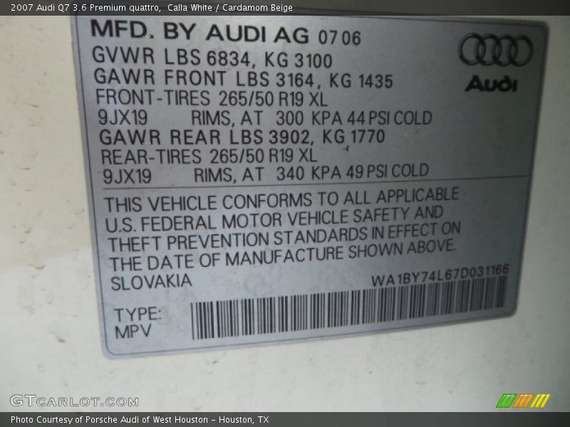 Calla White / Cardamom Beige 2007 Audi Q7 3.6 Premium quattro