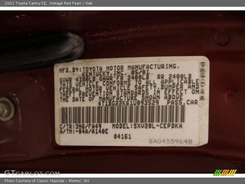 2001 Camry CE Vintage Red Pearl Color Code 3N6
