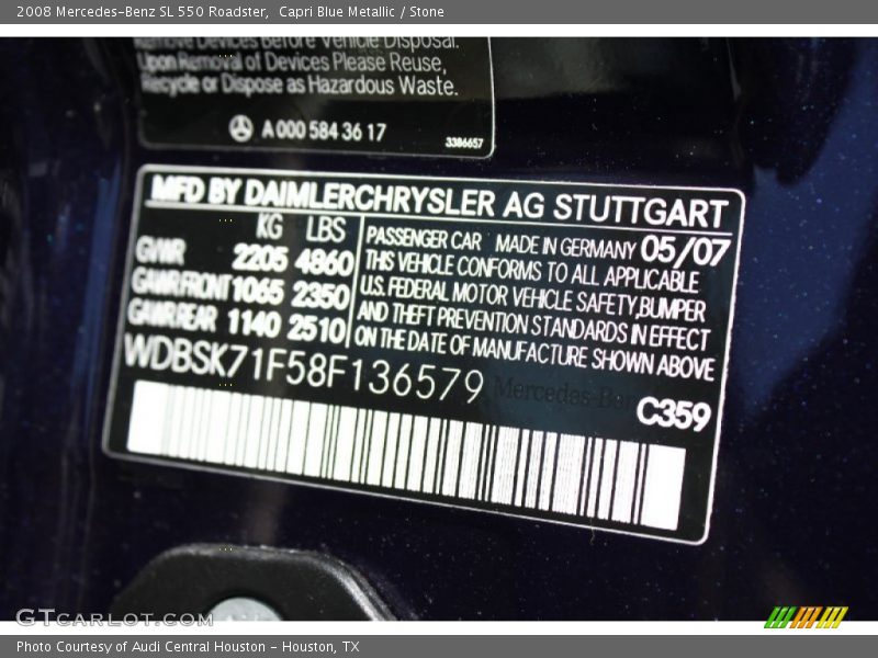 Capri Blue Metallic / Stone 2008 Mercedes-Benz SL 550 Roadster
