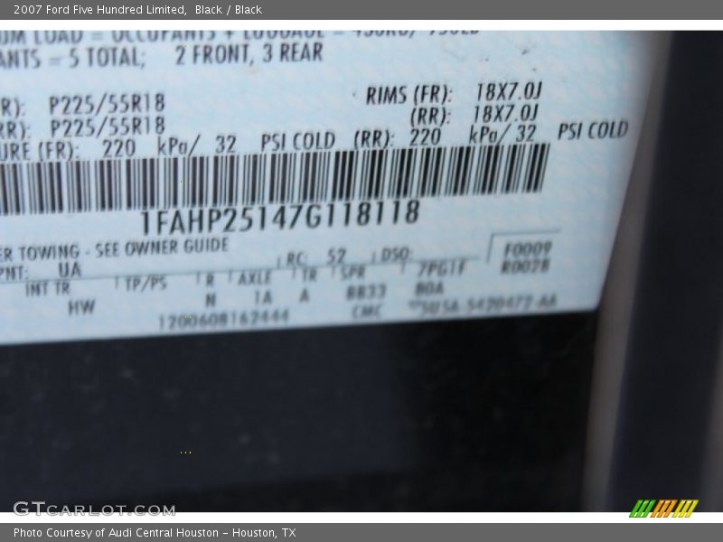 Black / Black 2007 Ford Five Hundred Limited