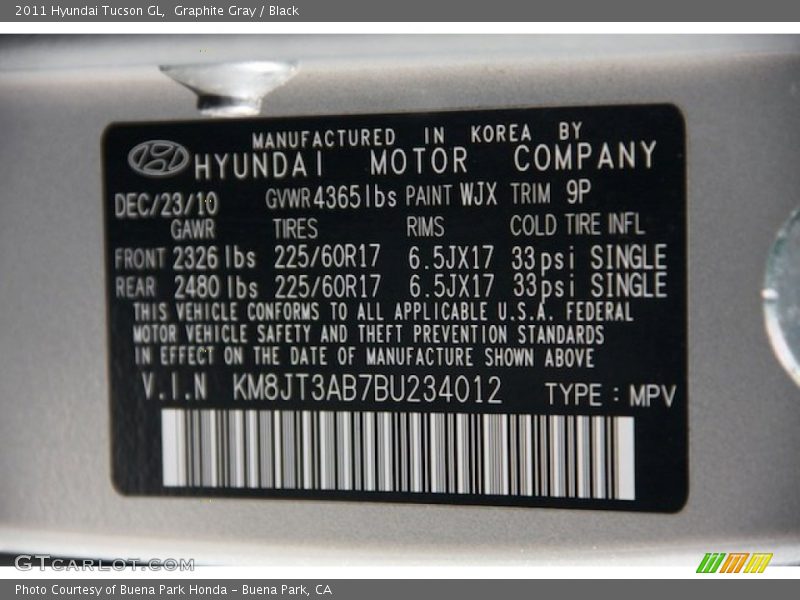Graphite Gray / Black 2011 Hyundai Tucson GL