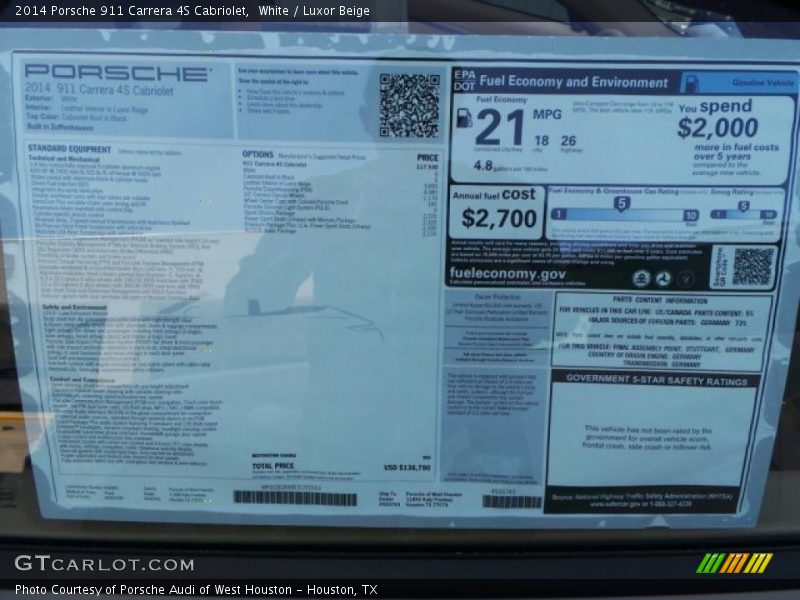 2014 911 Carrera 4S Cabriolet Window Sticker