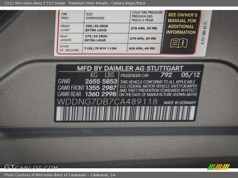 Paladium Silver Metallic / Sahara Beige/Black 2012 Mercedes-Benz S 550 Sedan