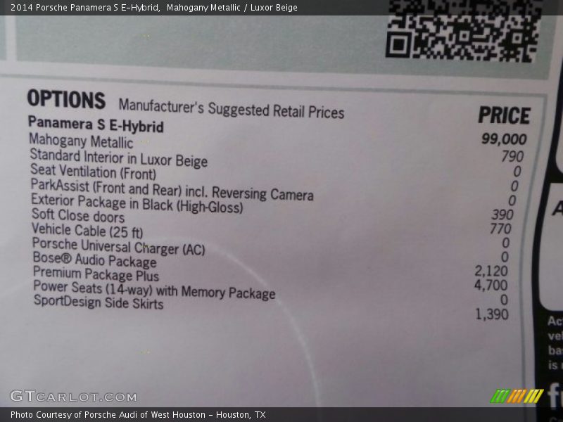  2014 Panamera S E-Hybrid Window Sticker