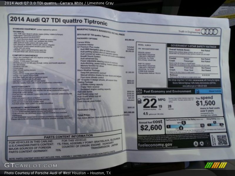 Carrara White / Limestone Gray 2014 Audi Q7 3.0 TDI quattro