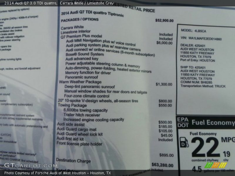 Carrara White / Limestone Gray 2014 Audi Q7 3.0 TDI quattro