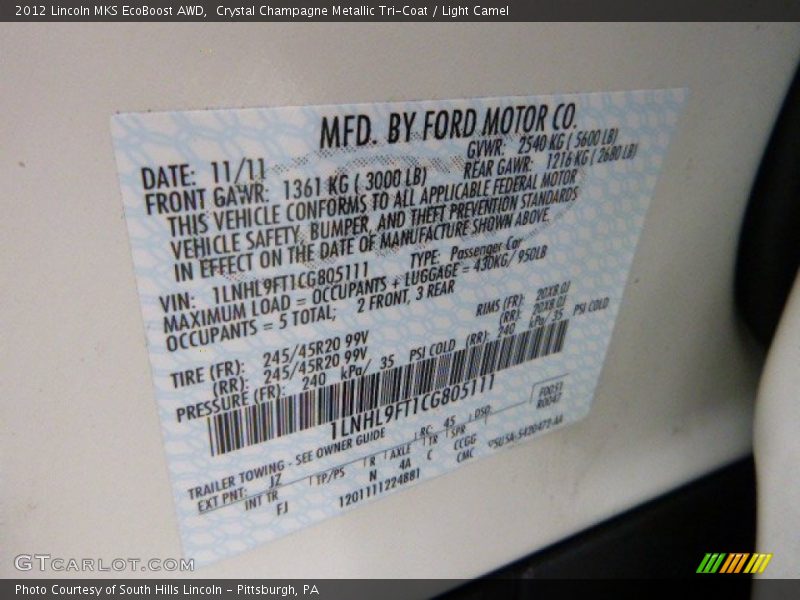 Crystal Champagne Metallic Tri-Coat / Light Camel 2012 Lincoln MKS EcoBoost AWD