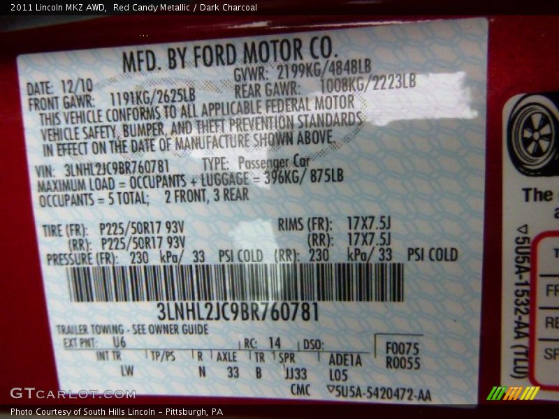 Red Candy Metallic / Dark Charcoal 2011 Lincoln MKZ AWD