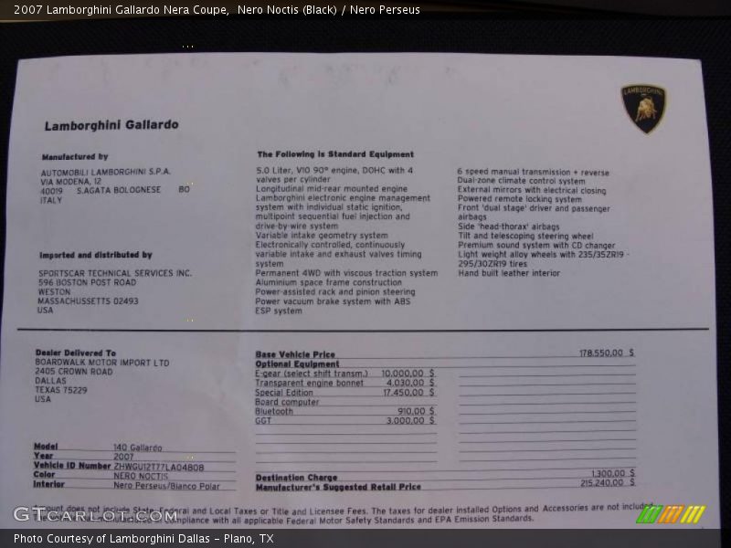  2007 Gallardo Nera Coupe Window Sticker