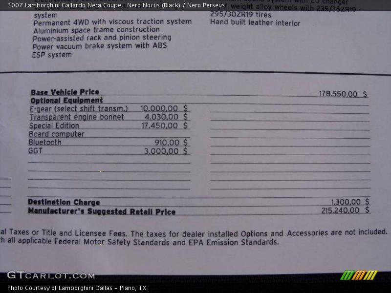  2007 Gallardo Nera Coupe Window Sticker