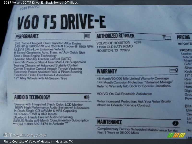  2015 V60 T5 Drive-E Window Sticker