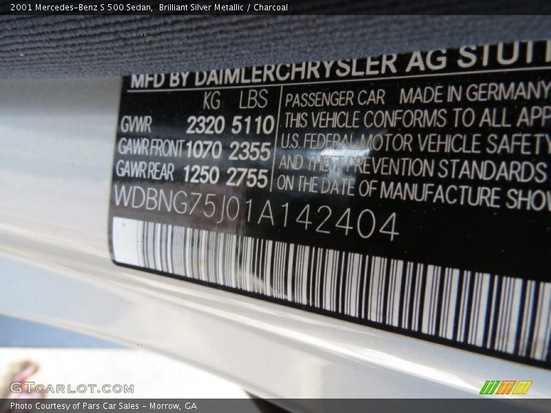 Brilliant Silver Metallic / Charcoal 2001 Mercedes-Benz S 500 Sedan