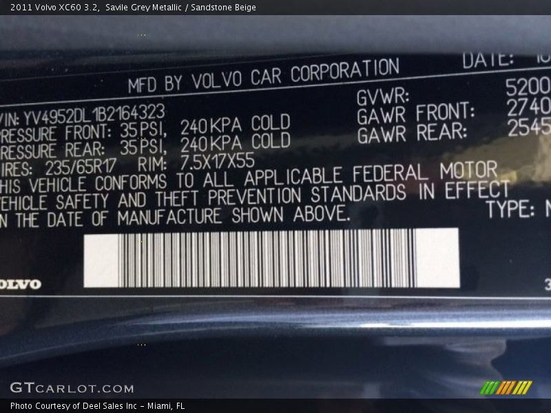 Savile Grey Metallic / Sandstone Beige 2011 Volvo XC60 3.2