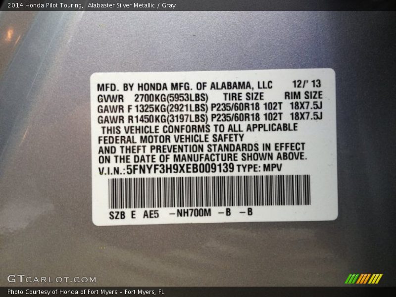 Alabaster Silver Metallic / Gray 2014 Honda Pilot Touring