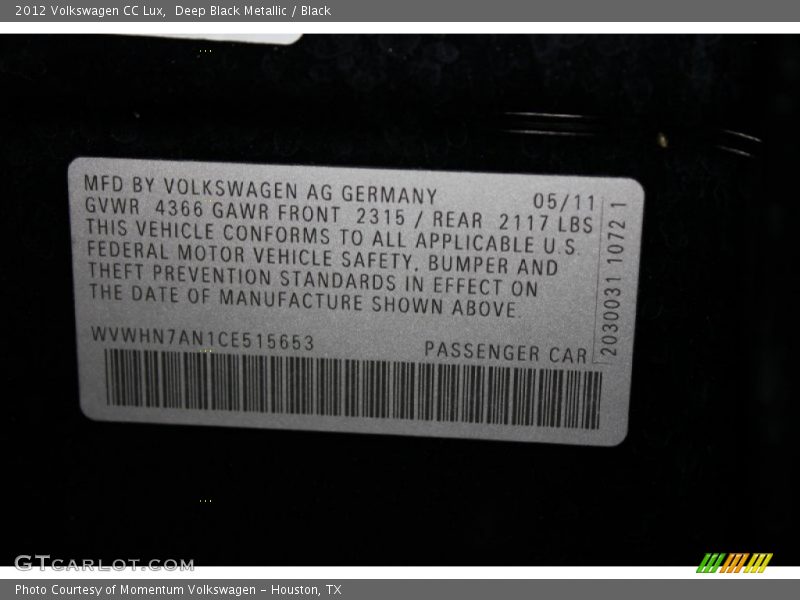 Deep Black Metallic / Black 2012 Volkswagen CC Lux