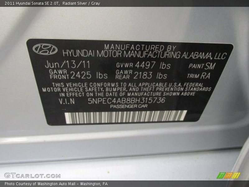 Radiant Silver / Gray 2011 Hyundai Sonata SE 2.0T