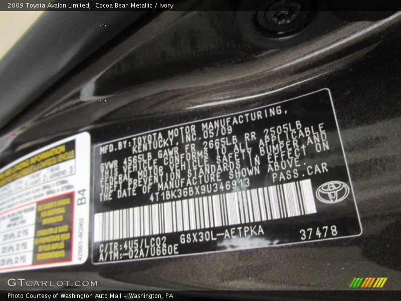 2009 Avalon Limited Cocoa Bean Metallic Color Code 4U5