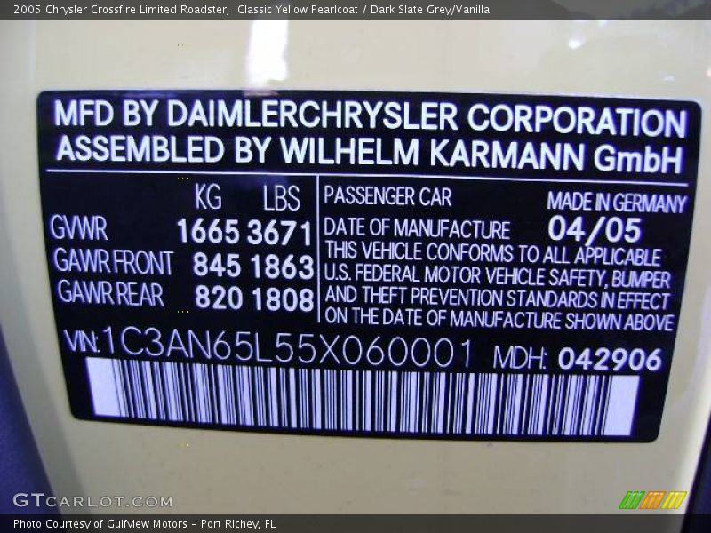 Info Tag of 2005 Crossfire Limited Roadster