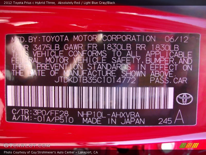 Absolutely Red / Light Blue Gray/Black 2012 Toyota Prius c Hybrid Three