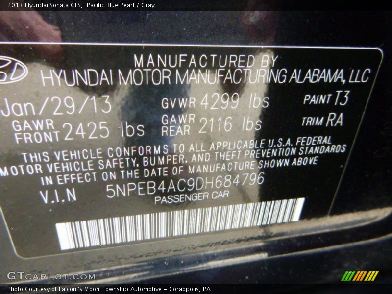 Pacific Blue Pearl / Gray 2013 Hyundai Sonata GLS