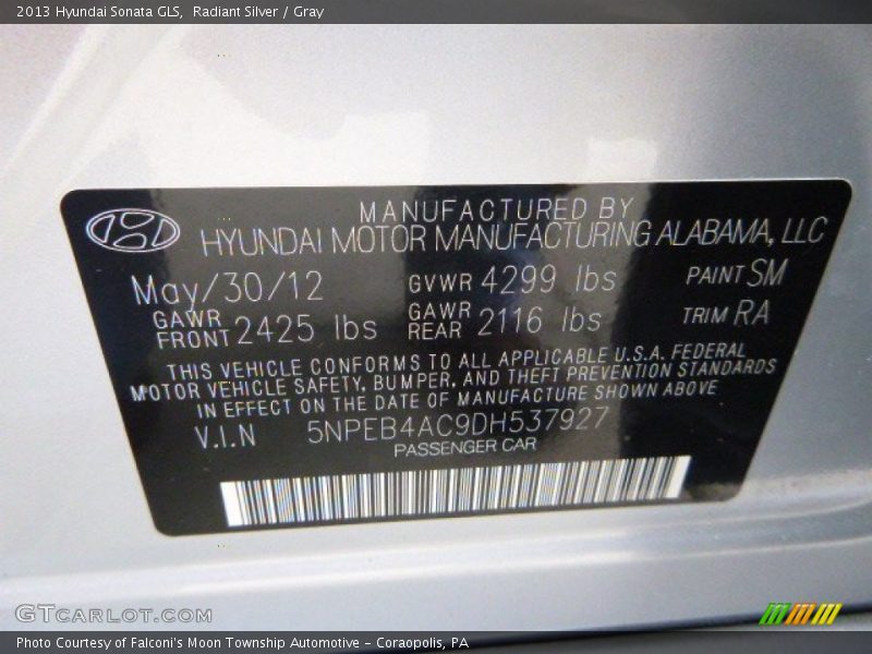 Radiant Silver / Gray 2013 Hyundai Sonata GLS