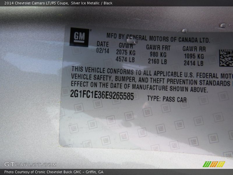 Silver Ice Metallic / Black 2014 Chevrolet Camaro LT/RS Coupe