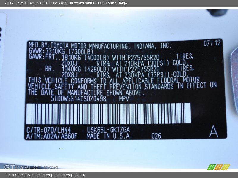 Blizzard White Pearl / Sand Beige 2012 Toyota Sequoia Platinum 4WD