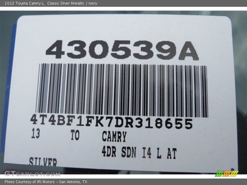 Classic Silver Metallic / Ivory 2013 Toyota Camry L