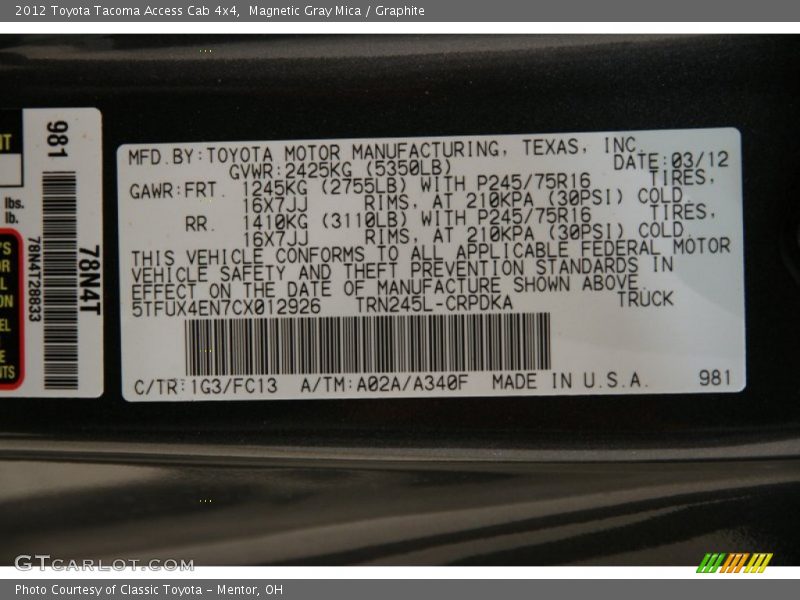 Magnetic Gray Mica / Graphite 2012 Toyota Tacoma Access Cab 4x4