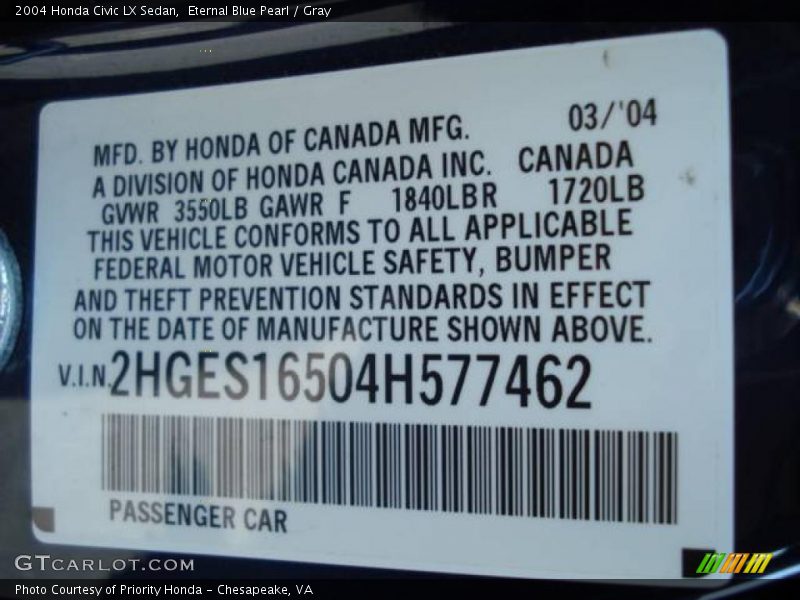 Eternal Blue Pearl / Gray 2004 Honda Civic LX Sedan