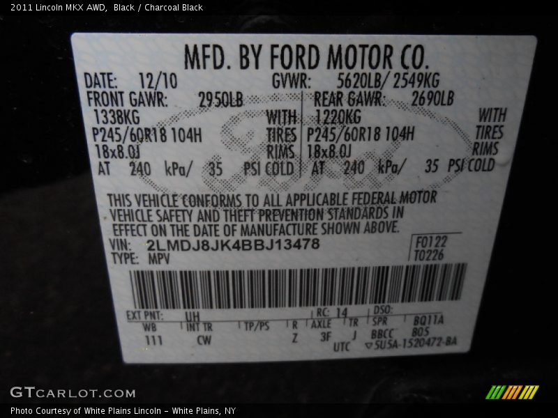 Black / Charcoal Black 2011 Lincoln MKX AWD